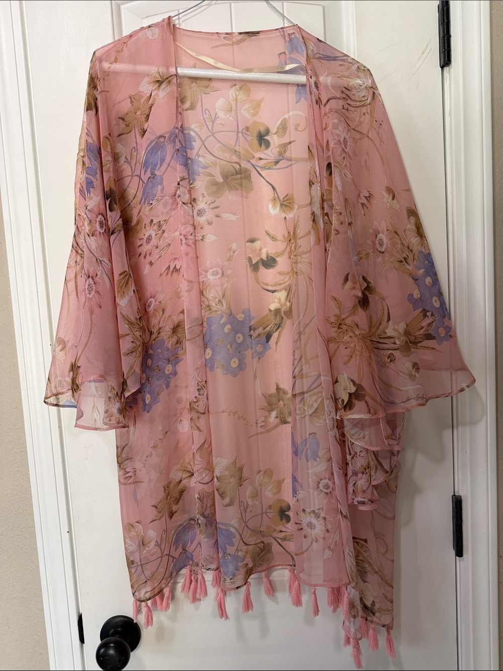 Simply Noelle Pink Floral Sheer Kimono with Lavender Accents